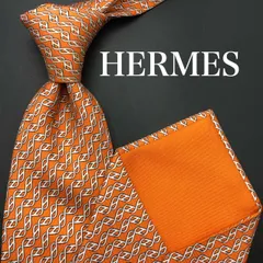 【美品】ネクタイ　HERMES オレンジ　ホワイト　総柄　シルク100%