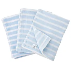 【在庫セール】薄手 泉州タオル 日本製 フェイスタオル 速乾 ボーダー 3枚セット 2重ガーゼ アイスブルー ムコタオル