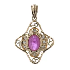 K18YG イエローゴールド ネックレストップ ピンクサファイア 1.82ct ダイヤモンド 0.12ct レース 菱型 カボション【新品仕上済】【zz】【中古】