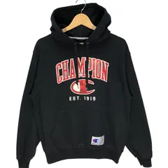 Champion /チャンピオン カレッジ風フォント EST-1919 パーカー プルオーバー フーディー 長袖 フロントプリント 袖刺繡 Honduras製 Mサイズ ブラック