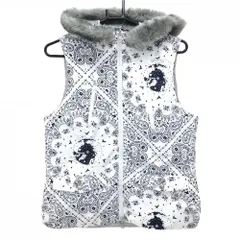 【美品】キャロウェイ フード付きリバーシブル中綿ベスト 白×ネイビー ペイズリー柄  レディース LL ゴルフウェア Callaway