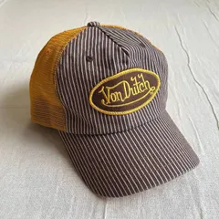 極希少　archive　アーカイブ小物　MADE IN KOREA　韓国製　Von Dutch　ボンダッチ　メッシュキャップ　6パネルベースボールキャップ　ストライプ柄　マスタードイエロー×ブラウン　サークルロゴワッペン　スナップバック　Y2K　ストリート