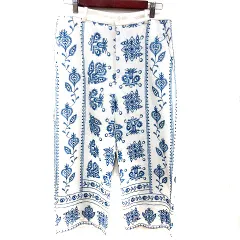 ザラ ZARA テーパードパンツ 総柄 麻混 リネン混 M アイボリー 青 ブルー /RT