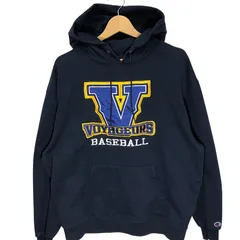 Champion /チャンピオン BASEBALL VOYAGEURS ボヤジュールジュ ベースボール カレッジ パーカー フーディー プルオーバー フロント刺繡 袖刺繍 オーバーサイズ ビッグシルエット Guatemala製 XLサイズネイビー