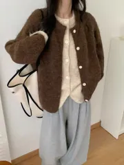 ダブルバイカラーカーディガン (一体型、ウール、ストレッチ、オーバーサイズ、基本、無地、ニットカーディガン)