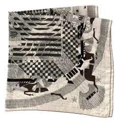 エルメス スカーフ レディース カレ140 スティープル・ポスト ストール ショール Imprimeur Fou Steeple Poste HERMES カシミヤ  シルク   ベージュ ブラウン 茶【中古品】