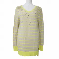 トランスワーク TRANS WORK スパンコールニット カットソー シルク混 ボーダー 薄手 Vネック 40 L相当 ベージュ イエロー X