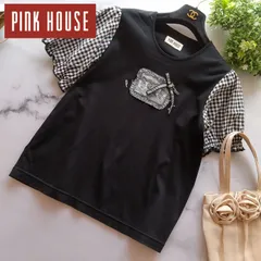 24SS ピンクハウス ギンガムチェック使い半袖カットソー ロゴ刺繍 リボン L