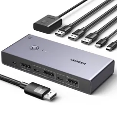 UGREEN 8K@60Hz Displayport KVM切替器 2入力1出力 DP1.4 USB 3.0ポート×4 (USb-A×3 + USB-C×1) 8K@60HZ対応 4K@240H対応 モニタ/キーボード/マウス/UsB Cハードドライ ...