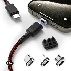 SUNTAIHO マグネット 充電ケーブル USB-C式 3A急速充-電USB充電 磁気ケーブル【1.2M/1本セット/3個磁気端子/】データ転送にも対応 USBマグネット充電コード USB Type-C、MicroUSB、US-B Type-L 磁 ...