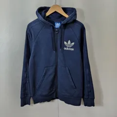 adidas originals アディダス オリジナルス パーカー フーディー ジップアップ 古着 トレフォイル ロゴ プリント サイドライン スポーティ メンズ L ネイビー系 B388