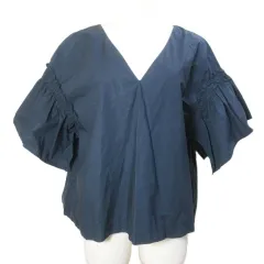 ナノユニバース nano universe ブラウス プルオーバー 半袖 フリル Vネック 無地 紺 ネイビー フリーサイズ X