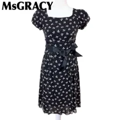 【美品】M'S GRACY 半袖ワンピース 38 リボン柄　ブラック