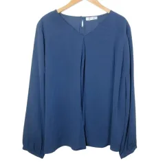 ニューヨーカー NEWYORKER 大きいサイズ シフォン切替ブラウス カットソー 長袖 プルオーバー Vネック 17 ブルー系 /X