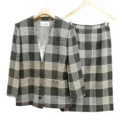 カールトン Carlton レトロ ヴィンテージ スカート スーツ セットアップ チェック ノーカラー 9 グレー系