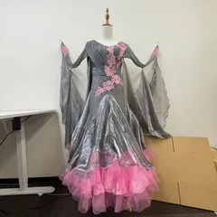 社交ダンス衣装 ワンピース ドレス レース ラインストーン グレー ピンク