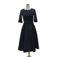 レースレディース LACE LADIES ワンピース ロング丈 M 紺 ネイビー レース 切替 スカラップネック 五分袖 /SM4 ■GY63