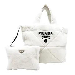 PRADA プラダ　ムートン　トートバッグ　ファー　ロゴ　ホワイト　ポーチ付き　シアリング