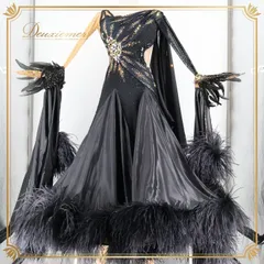 社交ダンス 衣装 スタンダードドレス ワンピース ドレス フロート レース 黒 羽 ファー デモ 競技 ダンス パーティ 発表会 高級感 上品 ゴージャス ブラック系 ゴールド系 高級ドレス フォーマルドレス ダンス衣装 ファー付き 羽付き ブラックドレス