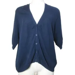 アリスバーリー Aylesbury 美品 半袖カーディガン ニット 薄手 Vネック フラワーボタン 紺 ネイビー /X