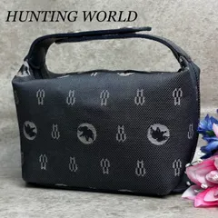 ✨美品✨ HUNTING WORLD ハンティングワールド アクセサリーポーチ 小物入れ ハンドバッグ サファリライン 総柄 シルバー金具 ロゴ型押し キャンバス レザー レディース ブラック 黒色