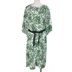 ジュンコシマダパート２ JUNKO SHIMADA part2 大きいサイズ ワンピース ひざ丈 5分袖 クローバー てんとう虫 総柄 ウエストリボン 13AR LL相当 グリーン系 /X