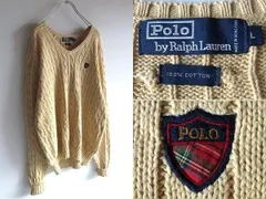 ビンテージ Polo by Ralph Lauren ラルフローレン エムブレムロゴ コットン Vネック ケーブルニット アランセーター L イエローベージュ