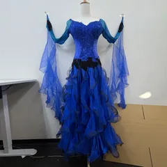 社交ダンス衣装 ワンピース ドレス レース ラインストーン 青 ブルー