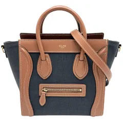 セリーヌ 2WAY レディース ラゲージ ナノショッパー ハンドバッグ ショルダーバッグ 肩掛け 斜め掛け CELINE キャンバス レザー ネイビー 紺 ブラウン 茶 ゴールド金具【中古品】