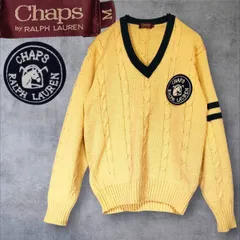 訳ありシミあり90s CHAPS RALPH LAUREN ケーブルニット Vネック 黄 M ウール ラルフローレン チャップス