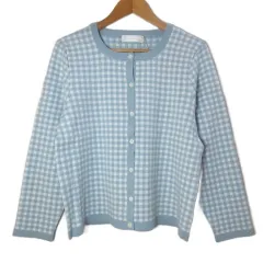 アリスバーリー Aylesbury 美品 チェックニットカーディガン 長袖 クルーネック レーヨン混 大きいサイズ LL ライトブルー ホワイト /X