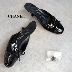 美品 CHANEL シャネル リボンパンプス ミュール ココマーク レザー スエード ブラック 黒 シルバー金具 36 23cm