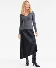 アイエヌシー インターナショナル コンセプト レディース アウター ニット・セーター Vネック トール セーター ニット INC International Concepts Womens MetallicKnit VNeck Sweater Deep Bla