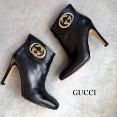 美品 GUCCI グッチ GGモーマント ショートブーツ ダブルG ブラック レザー サイドジップ 34 1/2 レディースシューズ 21.5cm M18