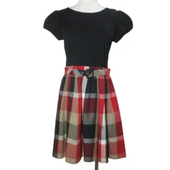 ブルーレーベルクレストブリッジ BLUE LABEL CRESTBRIDGE ドッキングワンピース ひざ丈 半袖 チェック ベルト付き 36 S相当 ブラック マルチカラー /X