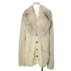 RENA LANGE レナランゲ フォックスファー付きニットカーディガン 長袖 ケーブル 厚手 ベージュ /X