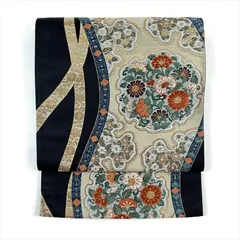 たんす屋 リユース帯 帯 （中古）袋帯 黒 セミフォーマル 六通  織り 引き箔 雪輪 唐花 絹 洗い済 7650003647233