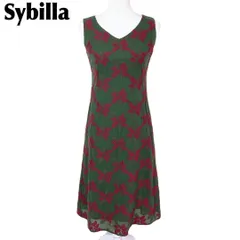 【美品】 Sybilla ノースリーブワンピース M 刺繍花柄チェック 緑×赤
