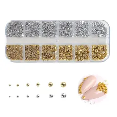 【数量限定】ABS半円パール 光沢パール ネイルパーツ シルバー ゴールド 1.5-5mm 工芸品の装飾 携帯ケース 12格子収納ケース付き