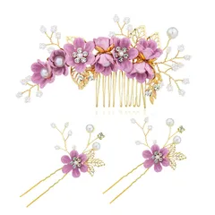 披露宴 結婚式 二次会 ヘッドアクセサリー 和装にも 卒業式 かんざし 入学式 ヘアピン 花モチーフ パーティー Uピンフラワー コーム ダンス ブライダル 和装 花嫁 3点セット 撮影 髪飾り ウェディング (紫) ヘッドドレス
