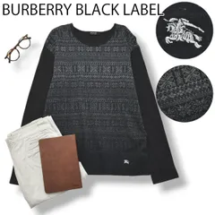 日本製 バーバリー ブラックレーベル BURBERRY BLACK LABEL 長袖 Tシャツ ロンT クルーネック カットソー ナイト ロゴ 3 ノルディック柄 総柄 ブラックxグレー メンズ