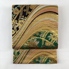 412y18☆袋帯 金糸 ラメ 辻が花 流水 古典柄 金 黒 緑☆美品 - メルカリ