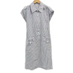 JUN ASHIDA(ジュンアシダ) ワンピース サイズ9 M レディース - 白×ブルーグレー×ブラウン レギュラーカラー/半袖/ロング/ストライプ