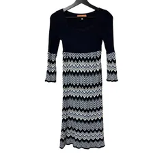 B086 SunaUna（スーナウーナ） ニット ワンピース ネイビー（濃紺）リブニット 38サイズ