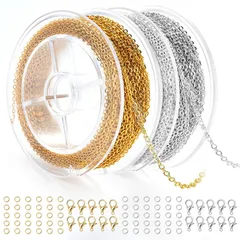 【在庫セール】チェーン アクセサリー用チェーン 長さ約5メートル 幅1.5mm ジュエリーチェーン 小豆タイプ リングチェーン ジュエリー用 クラフト手作り用品 DIY用 ハンドメイド アクセサリーパーツ 基礎パーツ ロブスター・クラスプ10個とジャンプ・リン