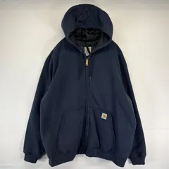 古着 カーハート Carhartt パーカー フルジップ 裏地付き 中綿 ワンポイントロゴ 大きいサイズ 2XL  ネイビー メンズ