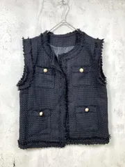 美品 LOWO ロワ パール釦付き フリンジツイード ジレ ベスト sizeF/黒  ■■ レディース