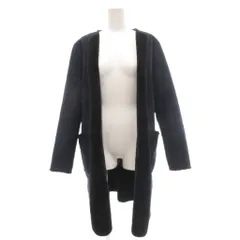 ビームスハート BEAMS HEART ノーカラーロングコート M ネイビー 紺色 前開き ボタンレス 長袖 フェイクファートリム /SC ■ECF001