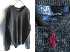 希少 90sビンテージ Polo by Ralph Lauren ラルフローレン ポロポニーロゴ刺繍 ラムウール Vネックニット L チャコール RN41381 USA企画