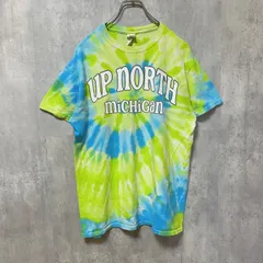 古着 used　GILDAN　ギルダン　半袖プリントTシャツ　クルーネック　ダイダイ柄　個性的　ライムカラー　ブルー　Mサイズ【値引き交渉OK！】